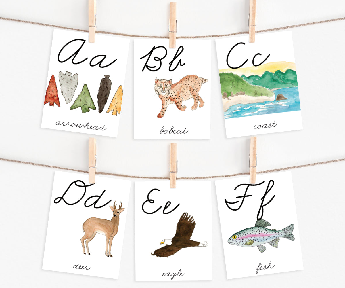 Pacific Northwest Alphabet Flashcards in Cursive | Printable